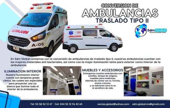 En Sdm Global Mexico Fabricacion conversion equipamiento y venta de Ambulancias de traslado en Mexico somos fabricantes directos. Sdm Global Mexico empresa 100% especializada en la venta fabricación conversión equipamiento de diferentes tipos de ambulancias de traslado y vehículos de emergencia, ofreciendo soluciones personalizadas para diversas necesidades en el mercado nacional.Dedicados a la fabricación de ambulancias y patrullas, ofreciendo servicios relacionados con la seguridad y emergencias, venta de unidades médicas móviles y ambulancias, además de carrocerías industriales,Somos un fabricante mexicano con más de 15 años de experiencia, especializado en la fabricación y comercialización de ambulancias y vehículos de rescate, con un enfoque en la alta calidad y el cumplimiento de normativas mexicanas.Diseñamos y equipamos ambulancias con la tecnología y los materiales necesarios para asegurar funcionalidad y seguridad, cumpliendo con las normativas mexicanas.En Sdm Global Mexico nos dedicamos a la Fabricacion conversion equipamiento y venta de Unidades Moviles Medicas Especiales en Mexico somos fabricantes directos en Mexico.